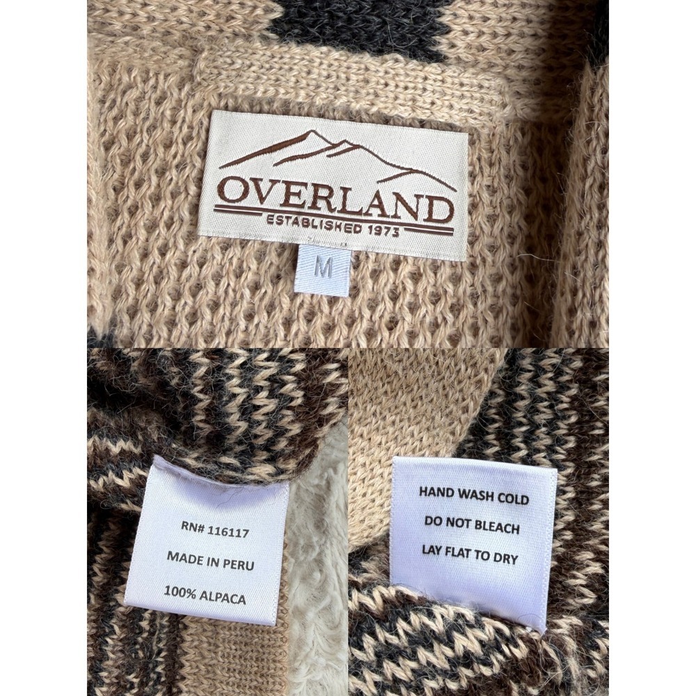 Overland Sylvia Cardigan Sweater Tan Alpaca Belted Tribal Shawl Collar Wool M - Picture 4 of 11